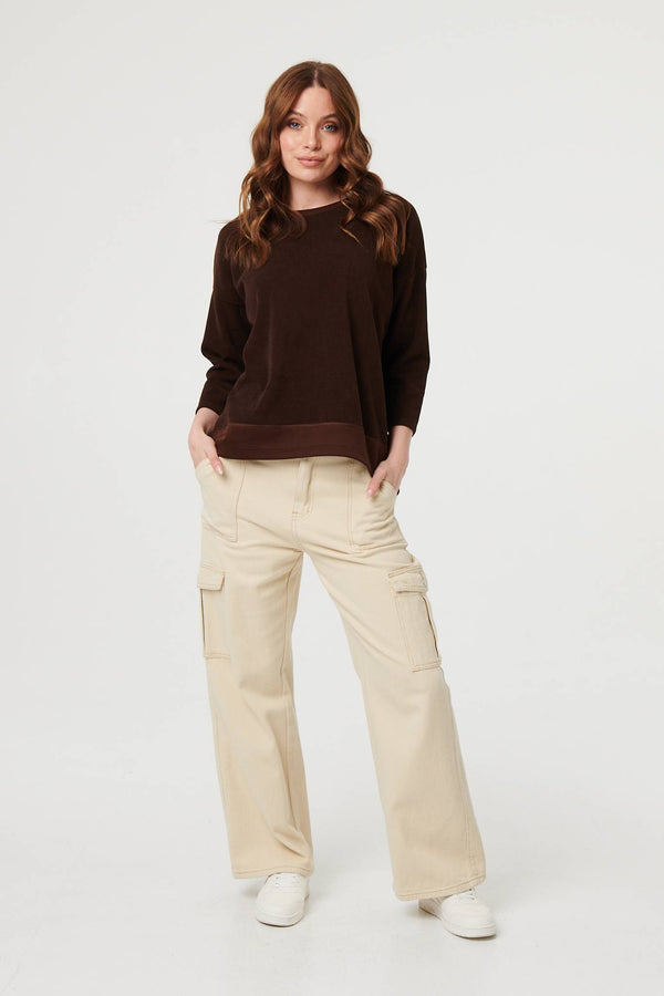 Brown | Contrast Hem Relaxed 3/4 Sleeve Jumper
