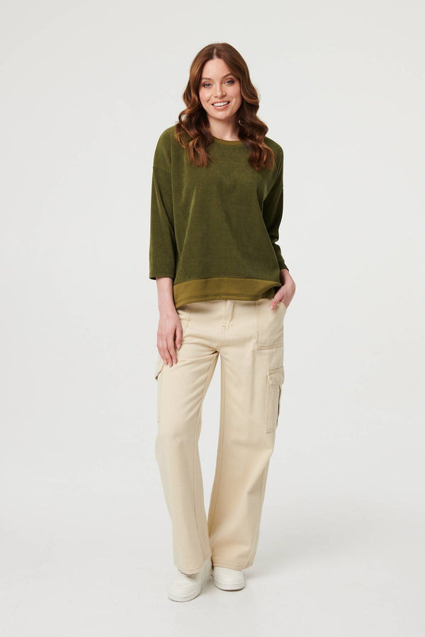 Khaki | Contrast Hem Relaxed 3/4 Sleeve Jumper