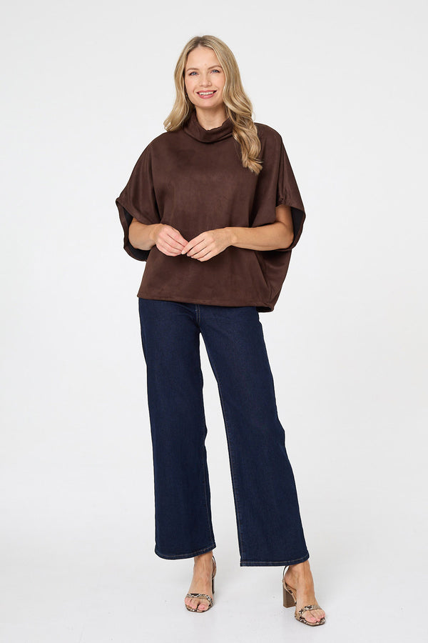 Brown | Suedette Cowl Neck Batwing Sleeve Top