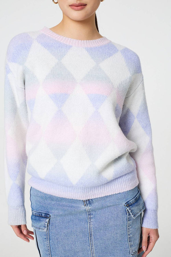 Lilac | Printed Relaxed Fit Round Neck Jumper