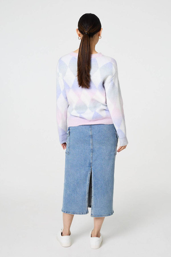 Lilac | Printed Relaxed Fit Round Neck Jumper