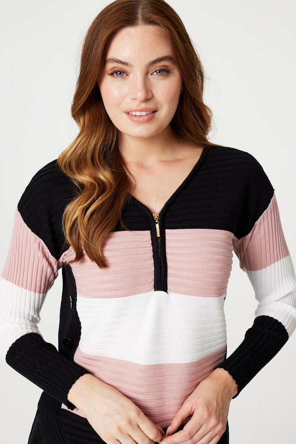 Pink | Striped Button Side Knit Pullover