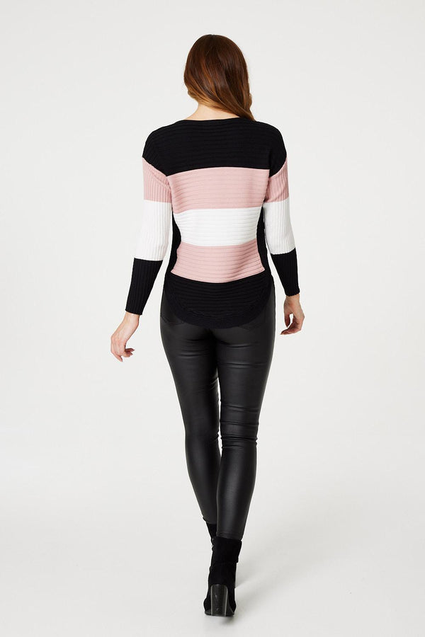 Pink | Striped Button Side Knit Pullover