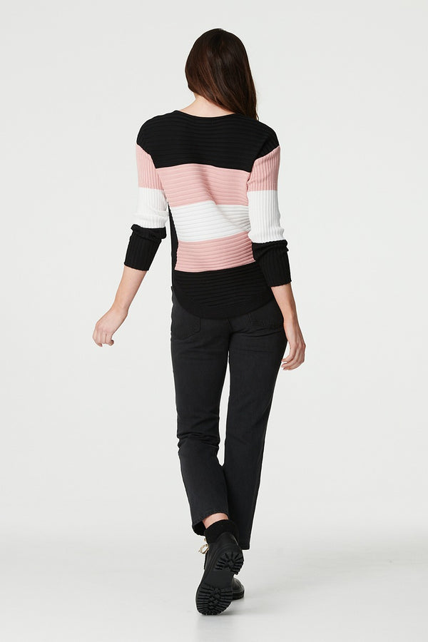 Pink | Striped Button Side Knit Pullover