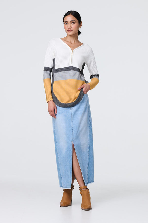 Mustard | Colour Block Zip Detail V-Neck Jumper