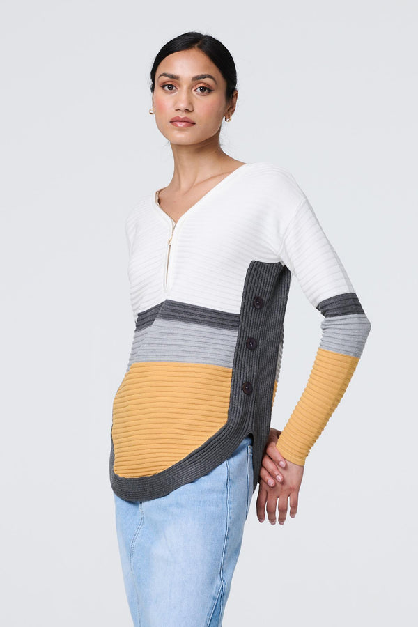 Mustard | Colour Block Zip Detail V-Neck Jumper