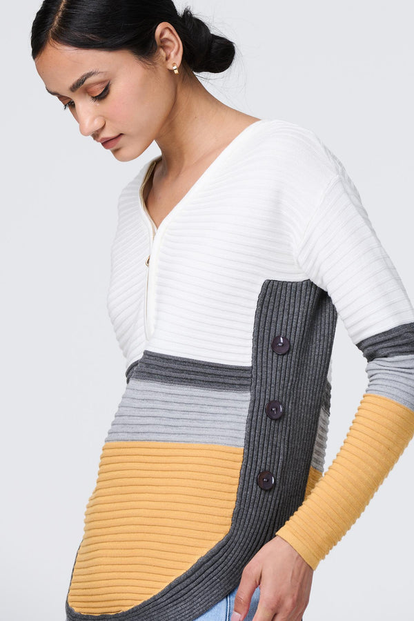 Mustard | Colour Block Zip Detail V-Neck Jumper