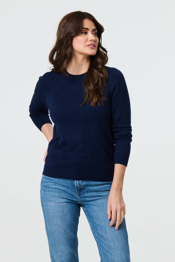 Navy | Embroidered Texture Long Sleeve Jumper