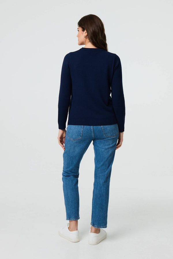 Navy | Embroidered Texture Long Sleeve Jumper