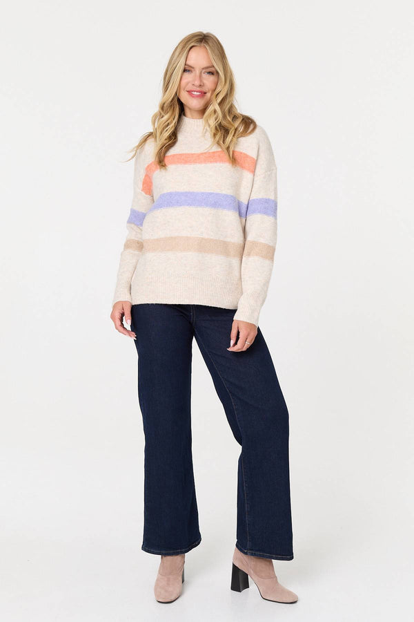 Beige | Striped High Neck Boxy Jumper