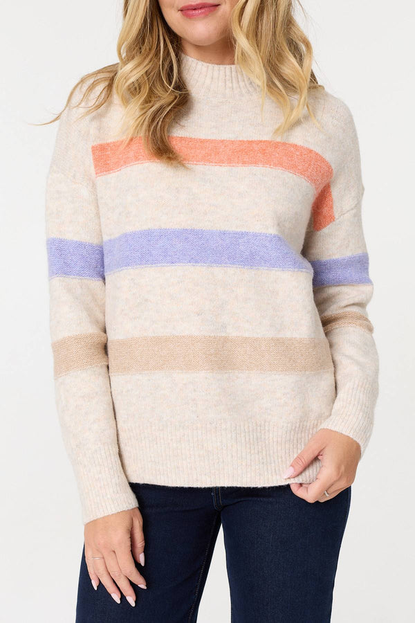 Beige | Striped High Neck Boxy Jumper