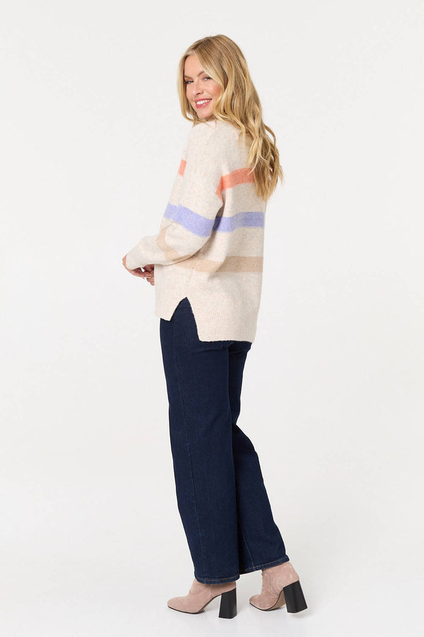 Beige | Striped High Neck Boxy Jumper