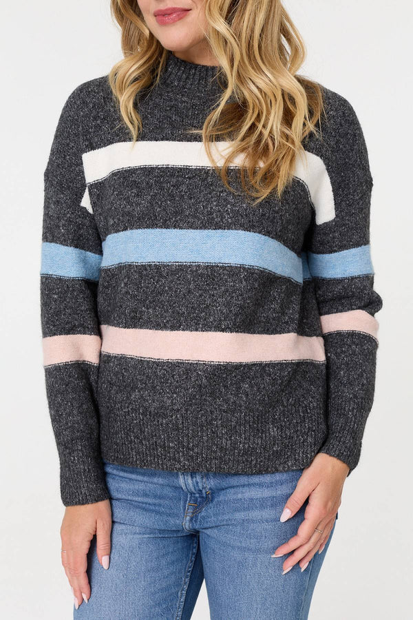 Black | Striped High Neck Boxy Jumper