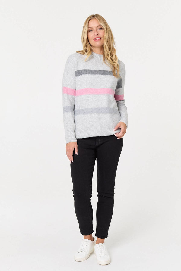Grey | Striped High Neck Boxy Jumper
