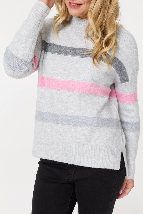 Grey | Striped High Neck Boxy Jumper