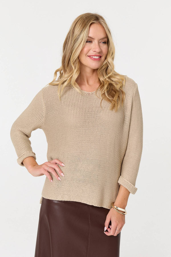 Beige | Mesh Texture 3/4 Sleeve Relaxed Top