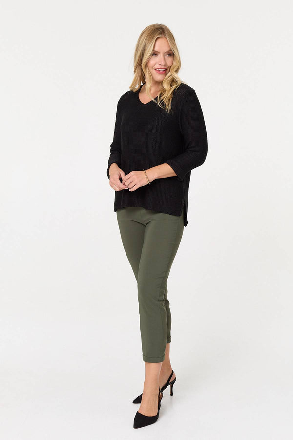 Black | Mesh Texture 3/4 Sleeve Relaxed Top