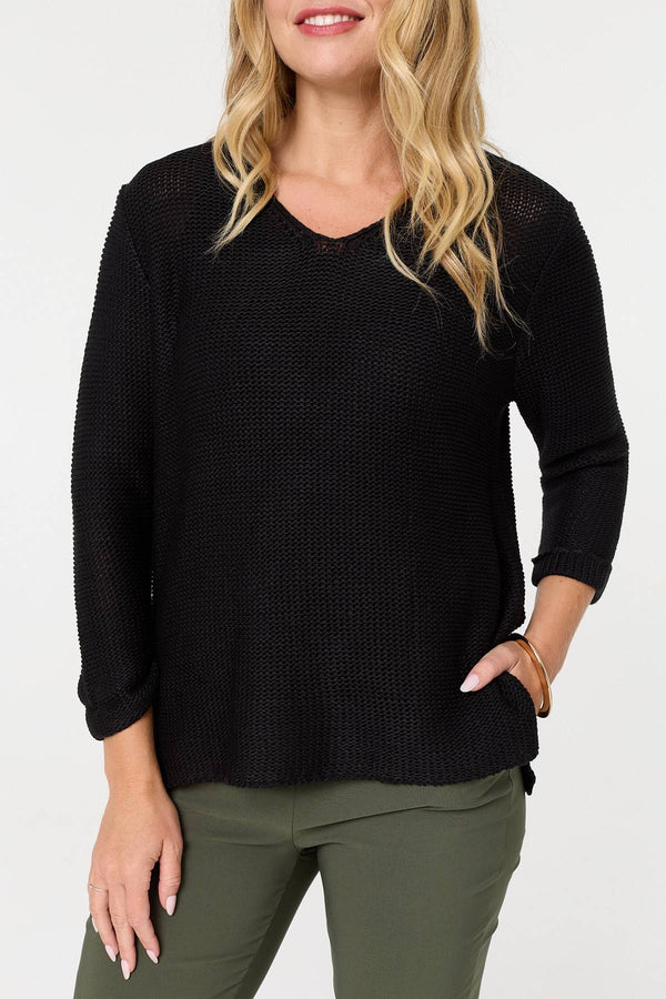 Black | Mesh Texture 3/4 Sleeve Relaxed Top