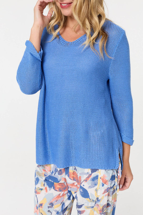 Blue | Mesh Texture 3/4 Sleeve Relaxed Top