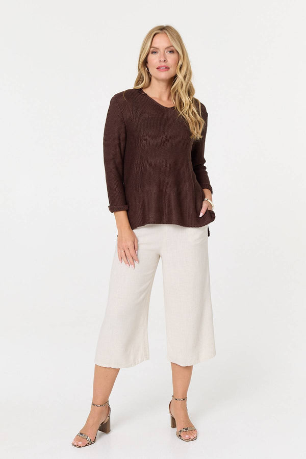 Brown | Mesh Texture 3/4 Sleeve Relaxed Top