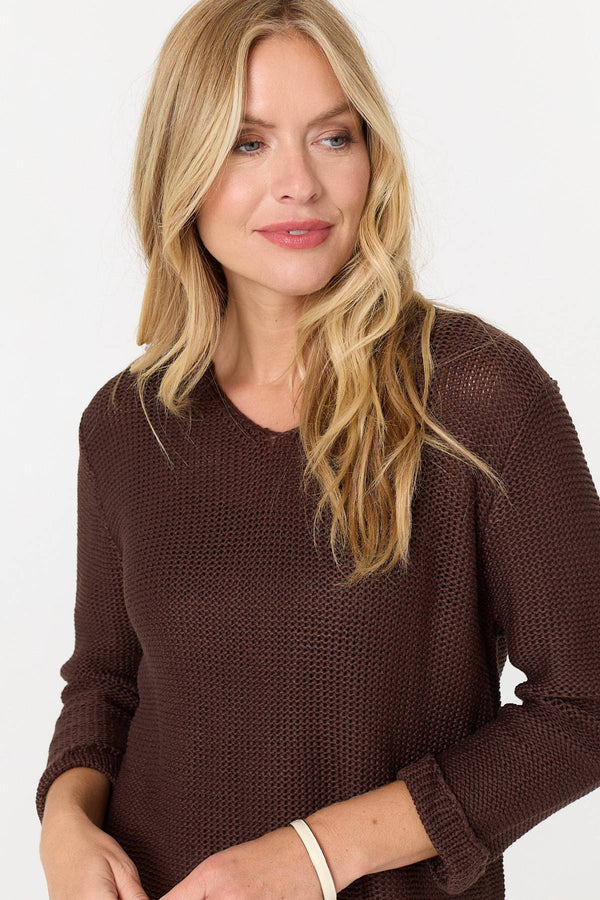 Brown | Mesh Texture 3/4 Sleeve Relaxed Top