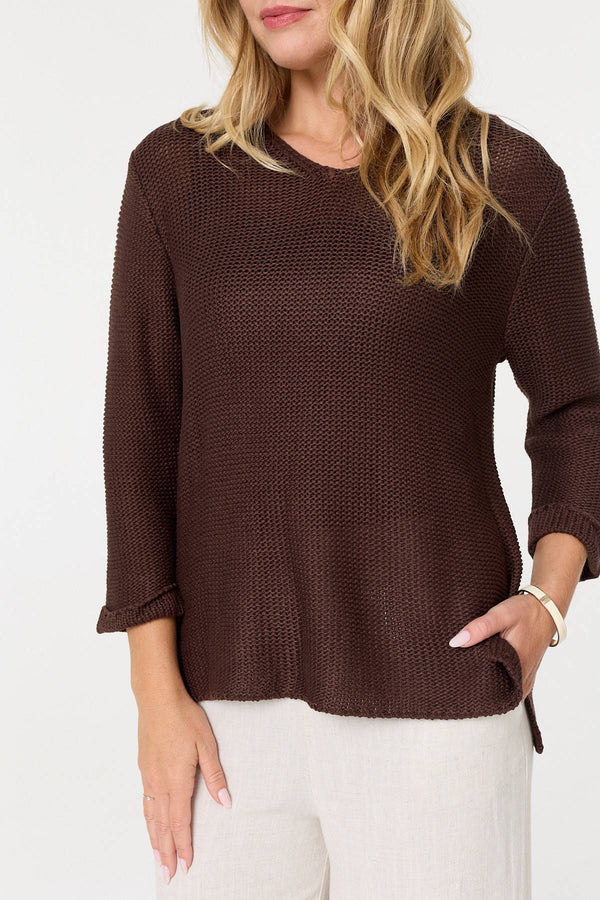 Brown | Mesh Texture 3/4 Sleeve Relaxed Top