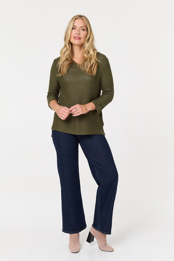 Khaki | Mesh Texture 3/4 Sleeve Relaxed Top