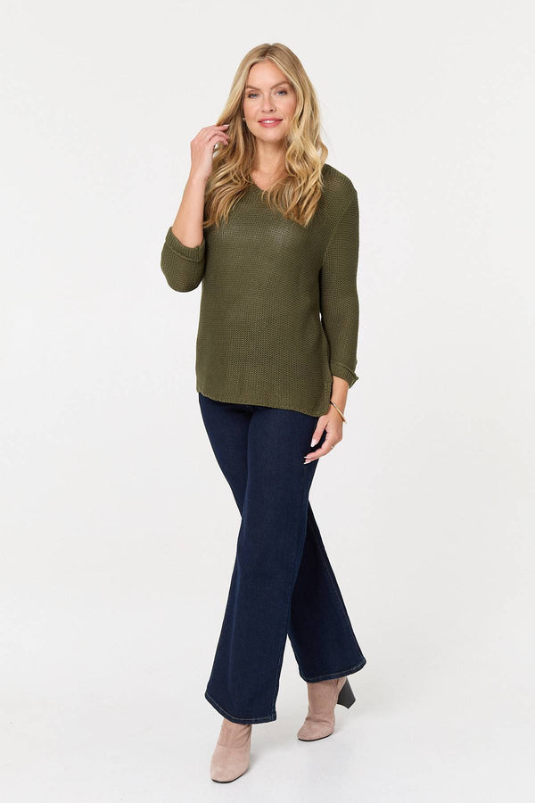Khaki | Mesh Texture 3/4 Sleeve Relaxed Top