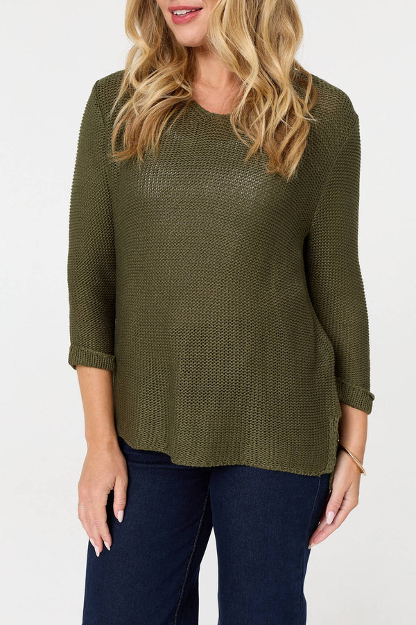 Khaki | Mesh Texture 3/4 Sleeve Relaxed Top