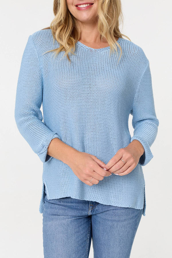 Light Blue | Mesh Texture 3/4 Sleeve Relaxed Top