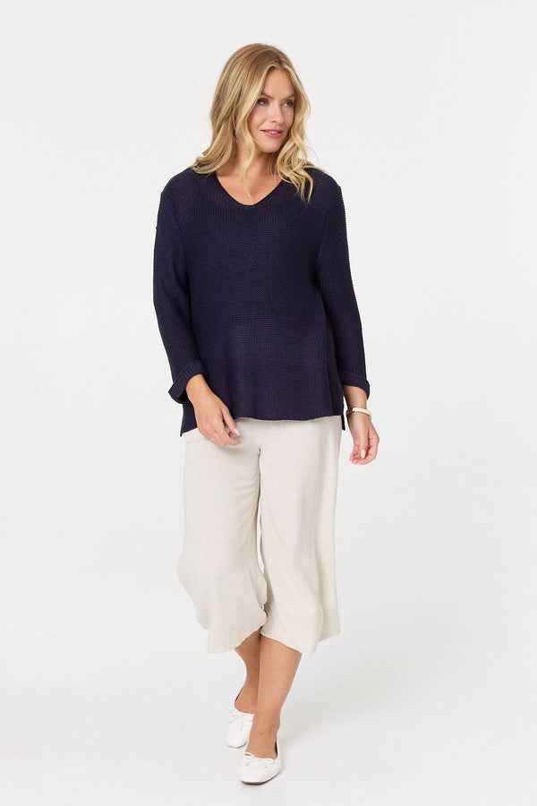 Navy | Mesh Texture 3/4 Sleeve Relaxed Top