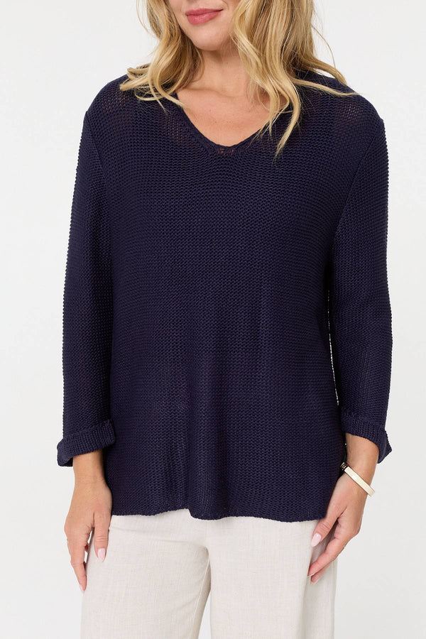 Navy | Mesh Texture 3/4 Sleeve Relaxed Top