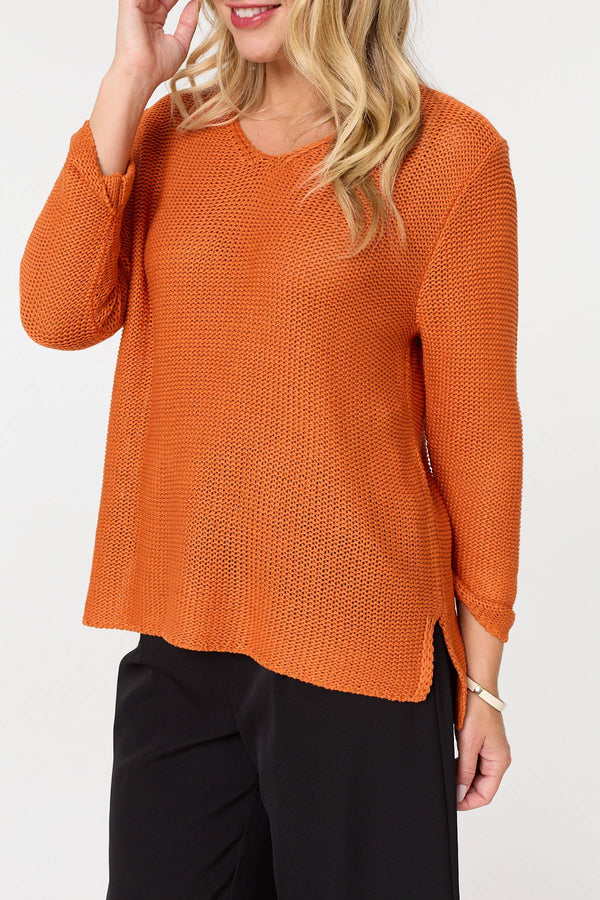 Orange | Mesh Texture 3/4 Sleeve Relaxed Top