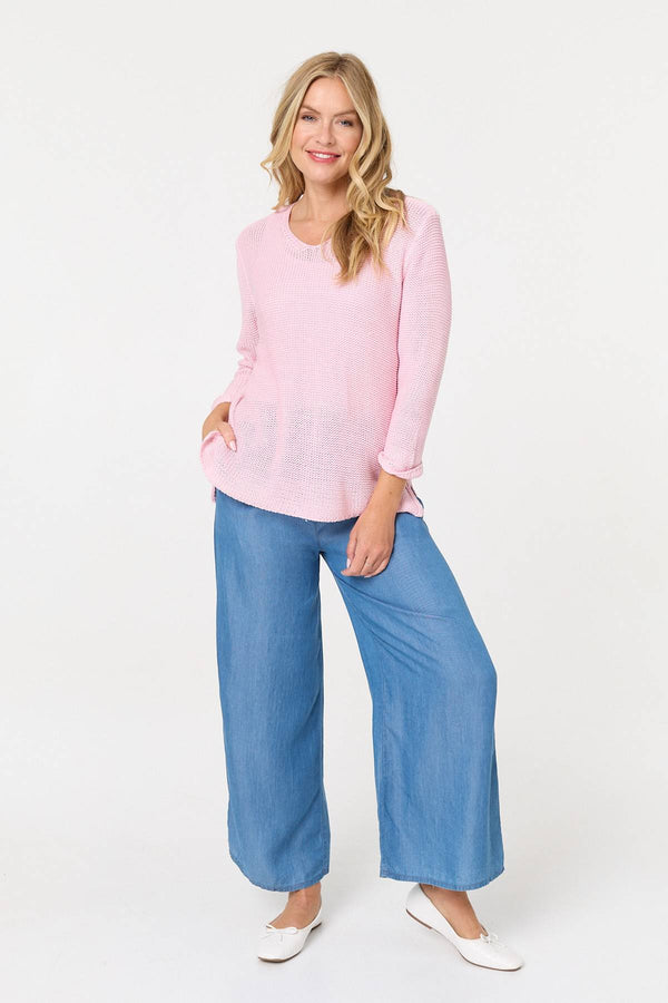 Pink | Mesh Texture 3/4 Sleeve Relaxed Top