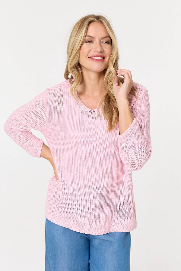 Pink | Mesh Texture 3/4 Sleeve Relaxed Top