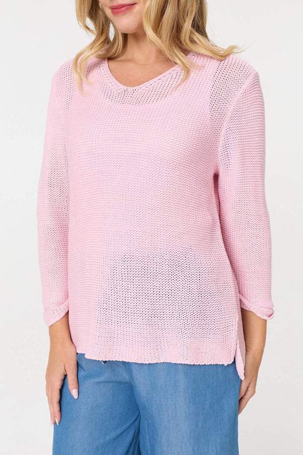 Pink | Mesh Texture 3/4 Sleeve Relaxed Top