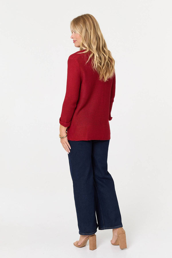 Red | Mesh Texture 3/4 Sleeve Relaxed Top