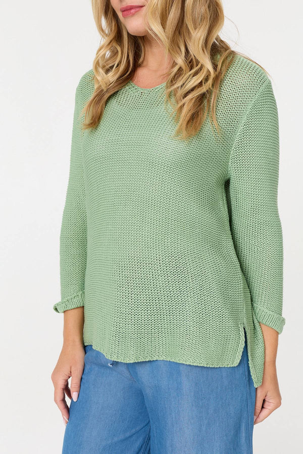 Sage | Mesh Texture 3/4 Sleeve Relaxed Top