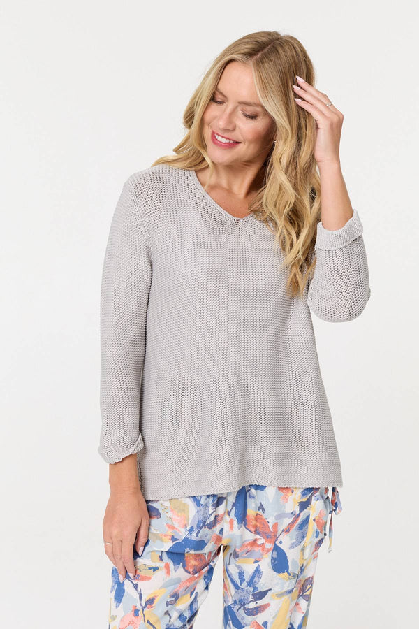 Silver | Mesh Texture 3/4 Sleeve Relaxed Top