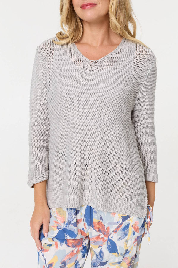 Silver | Mesh Texture 3/4 Sleeve Relaxed Top