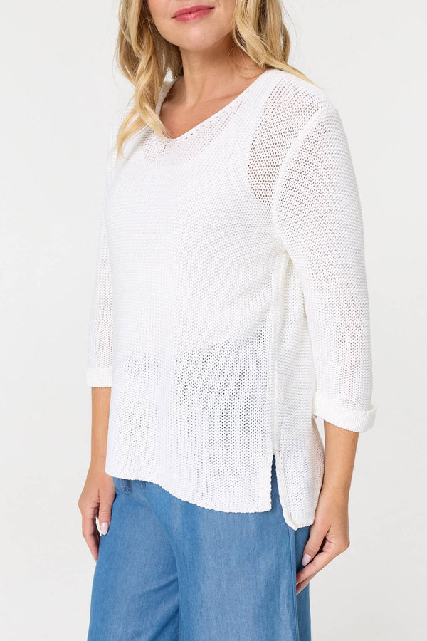White | Mesh Texture 3/4 Sleeve Relaxed Top
