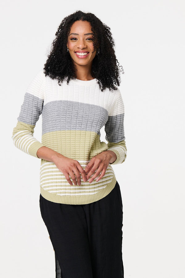 Sage | Colour Block Textured Curve Hem Jumper
