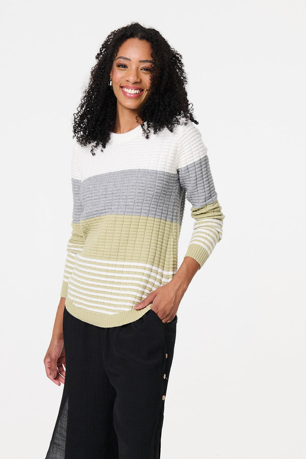 Sage | Colour Block Textured Curve Hem Jumper : Model is 5'8"/172 cm and wears UK8/EU36/US4/AUS8