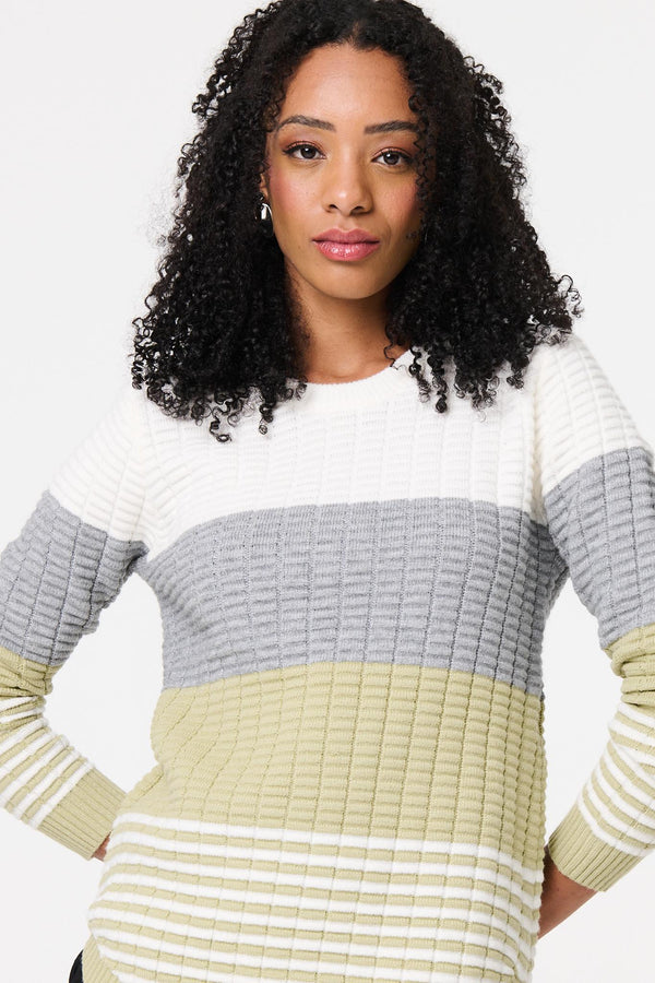 Sage | Colour Block Textured Curve Hem Jumper
