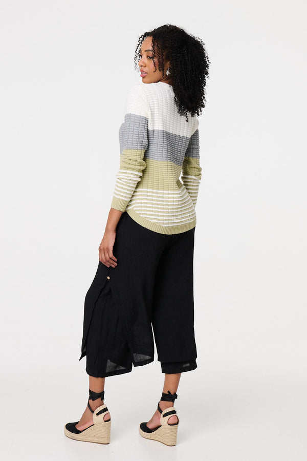 Sage | Colour Block Textured Curve Hem Jumper
