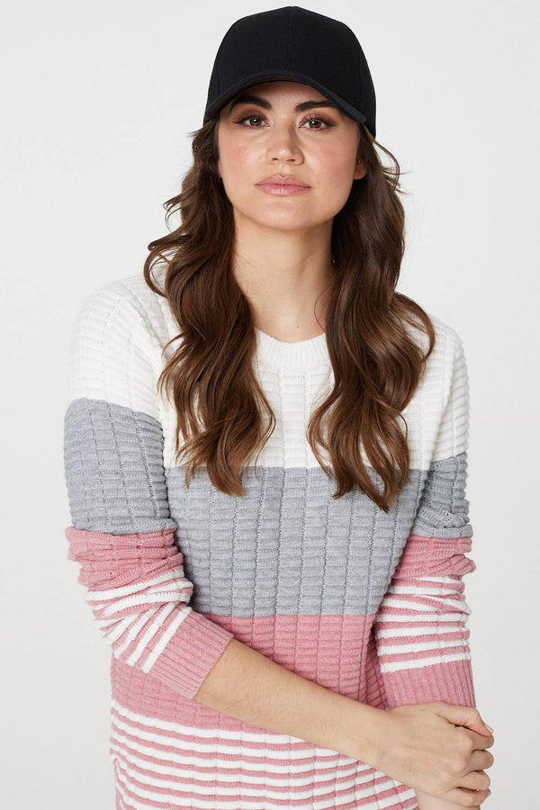 Pink | Colour Block Textured Curve Hem Jumper