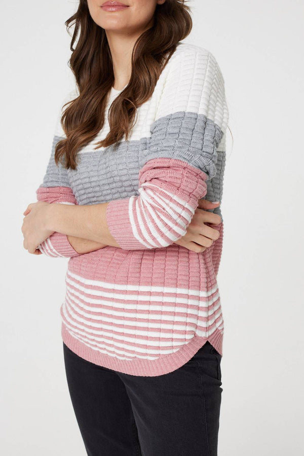 Pink | Colour Block Textured Curve Hem Jumper