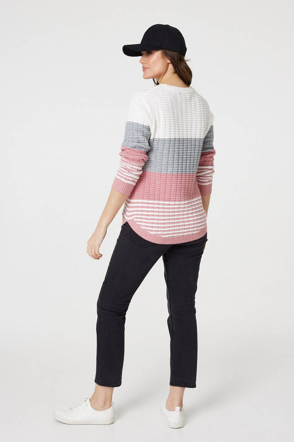 Pink | Colour Block Textured Curve Hem Jumper