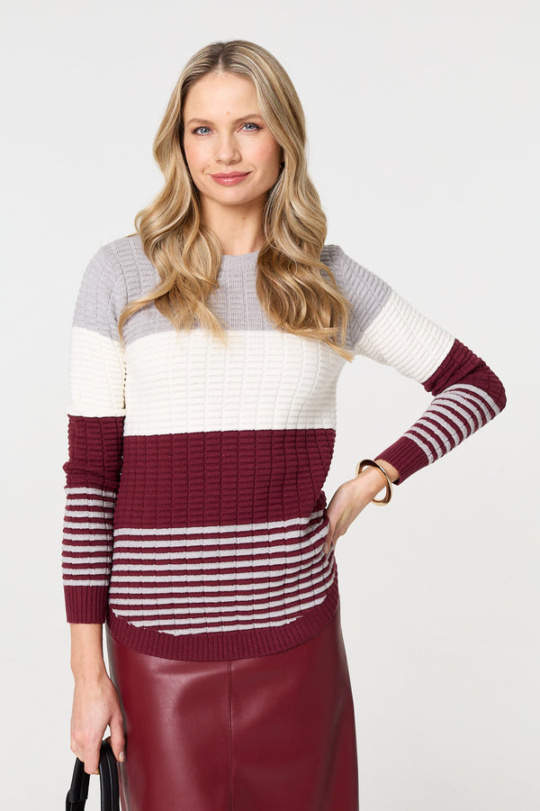 Red | Colour Block Textured Curve Hem Jumper