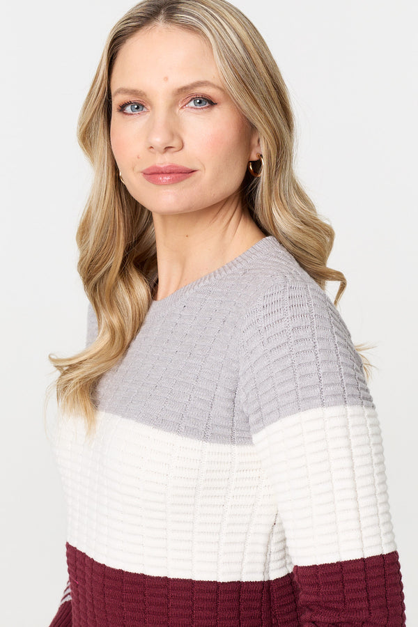 Red | Colour Block Textured Curve Hem Jumper
